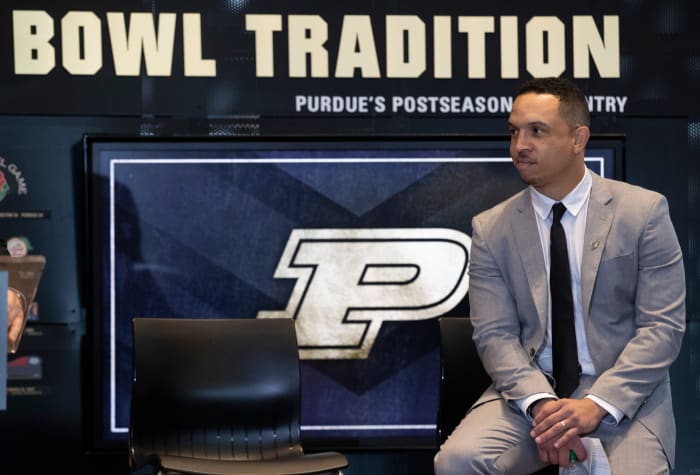 Purdue football head coach Ryan Walters listens during a press conference introducing him as the new head coach, Wednesday, Dec. 14, 2022, at the Kozuch Football Performance Complex in West Lafayette, Ind.
